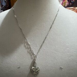 Stainless steel  Chain Necklace with Dalmatian Jasper Heart Pendant